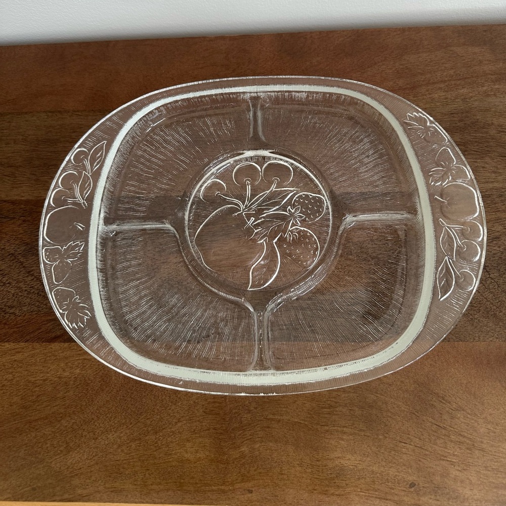 Vintage Clear Pressed Glass Divided Serving Platter with Fruit Motif